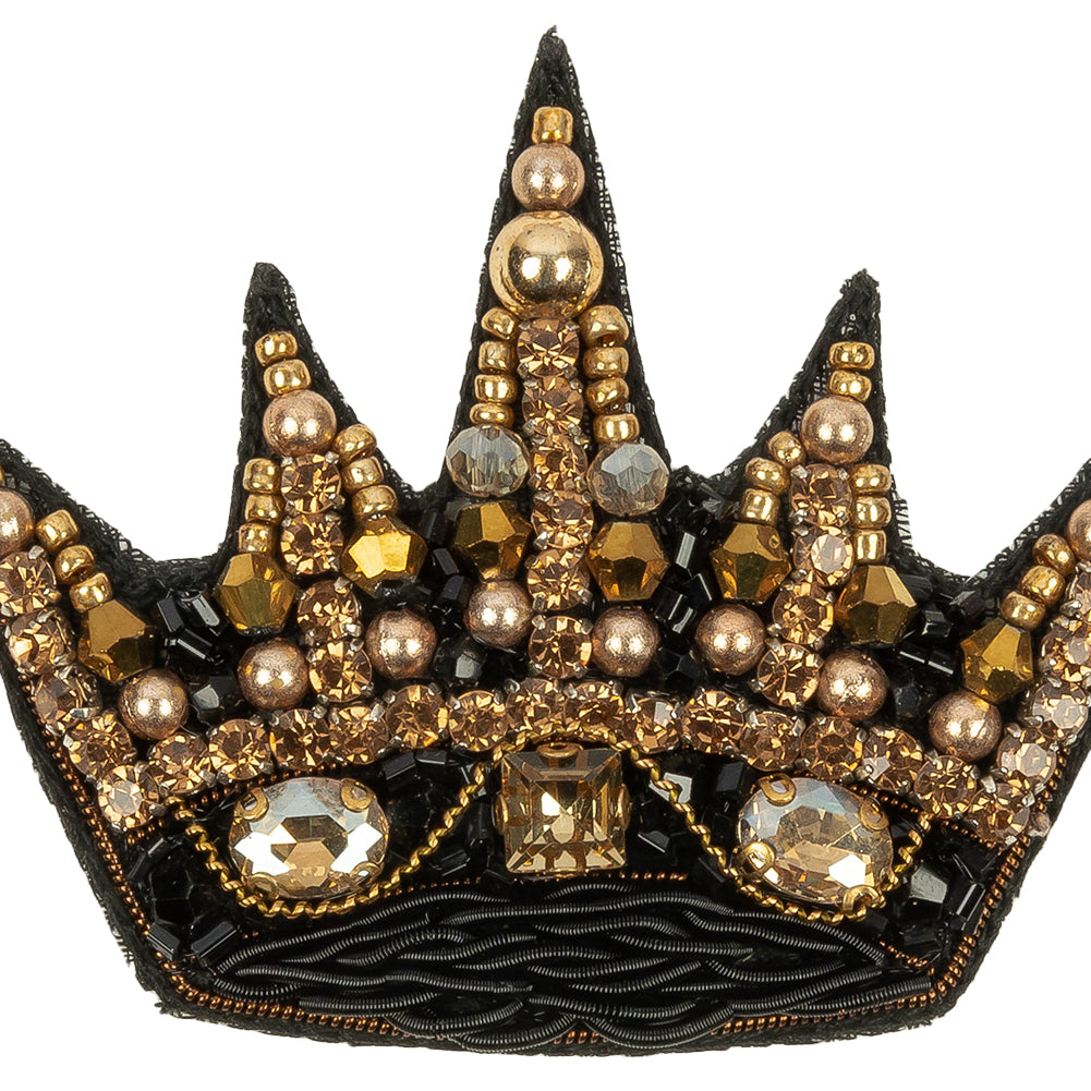 Black and Gold Crown Rhinestone and Glass Beaded Applique - 2.125" x 2.5"