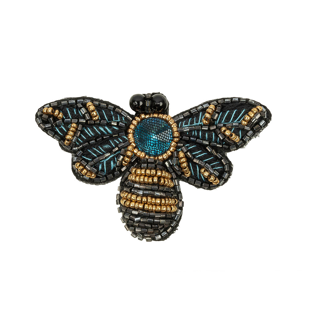 Black, Teal and Gold Fly Embroidered and Glass Beaded Applique - 1.875" x 3"