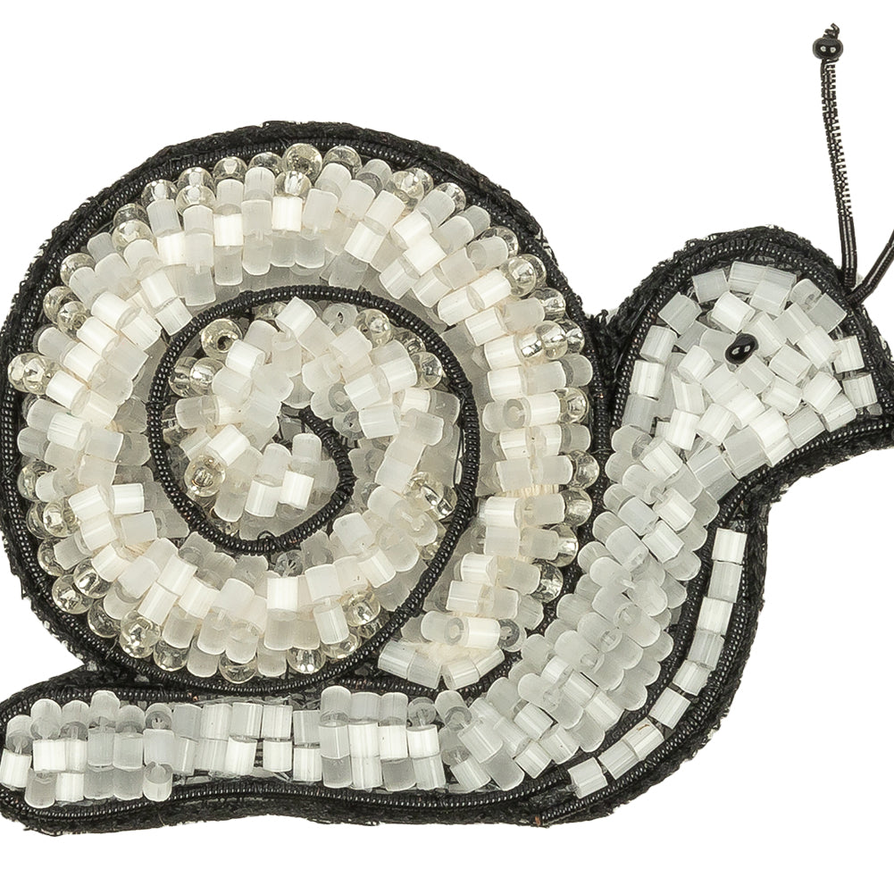 Satin White and Black Snail Glass Beaded Applique - 1.75" x 2.5"