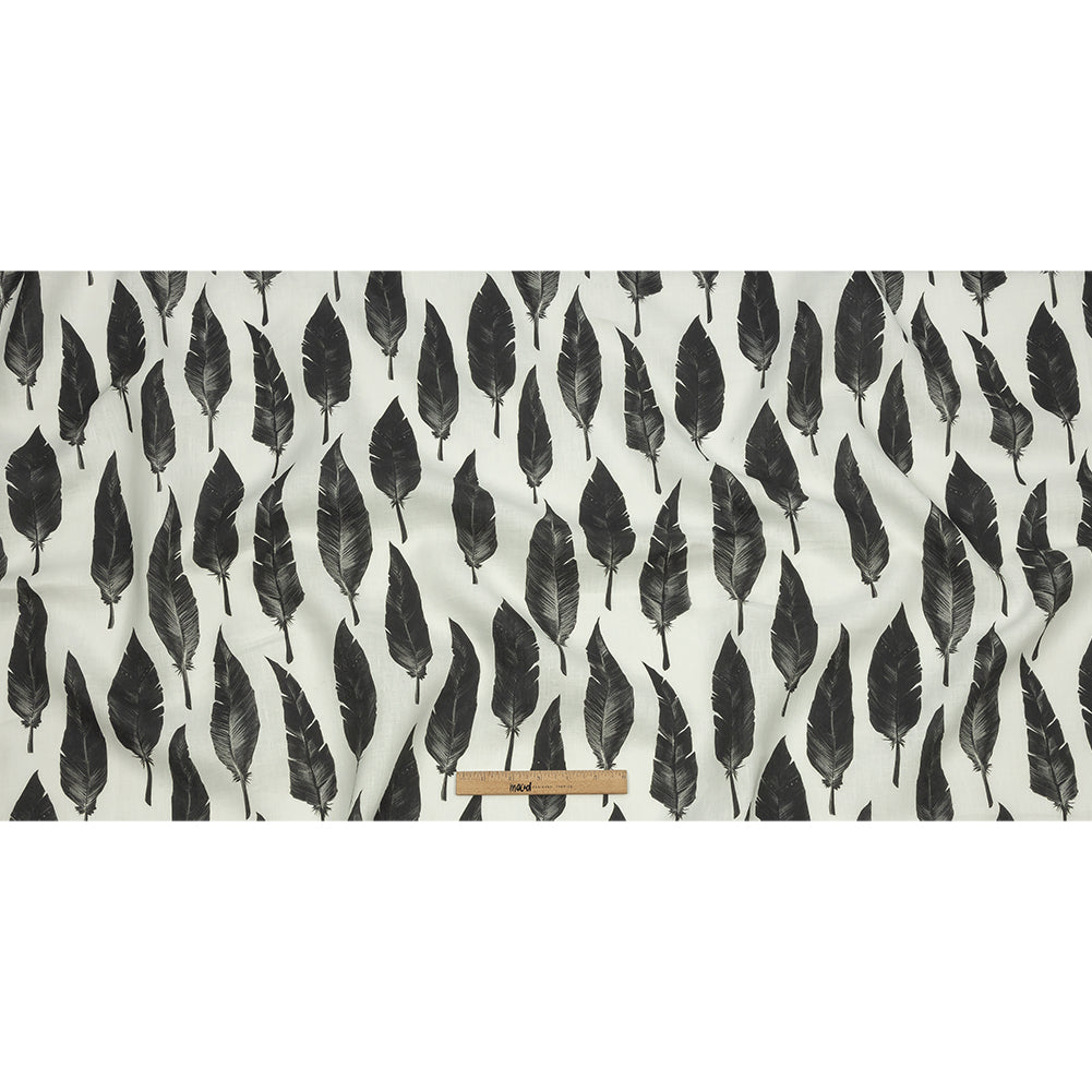 Black and White Feather Array Medium Weight Linen Woven