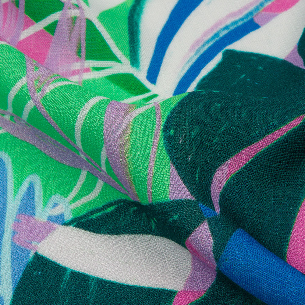 Slubbed Viscose Woven Print - Green and Blue Leaves - Mood Exclusive Tropical Tango