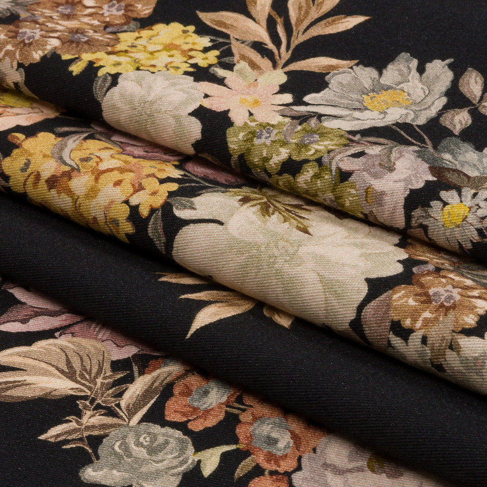 Brushed Stretch Cotton Twill Panel - Midnight, Pink and Peach Floral Columns - Mood Exclusive Parthenon Petals