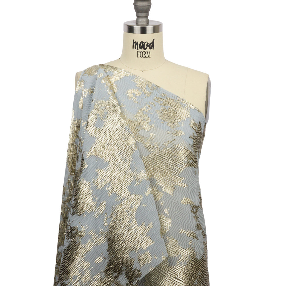 Polyester Chiffon Plisse with Abstract Gold Foiling - Silver-Gray - Aralia Collection