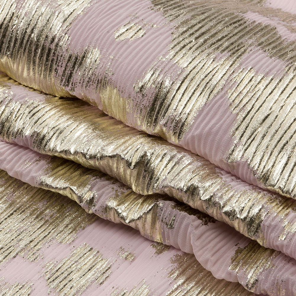 Polyester Chiffon Plisse with Abstract Gold Foiling - Light Pink - Aralia Collection