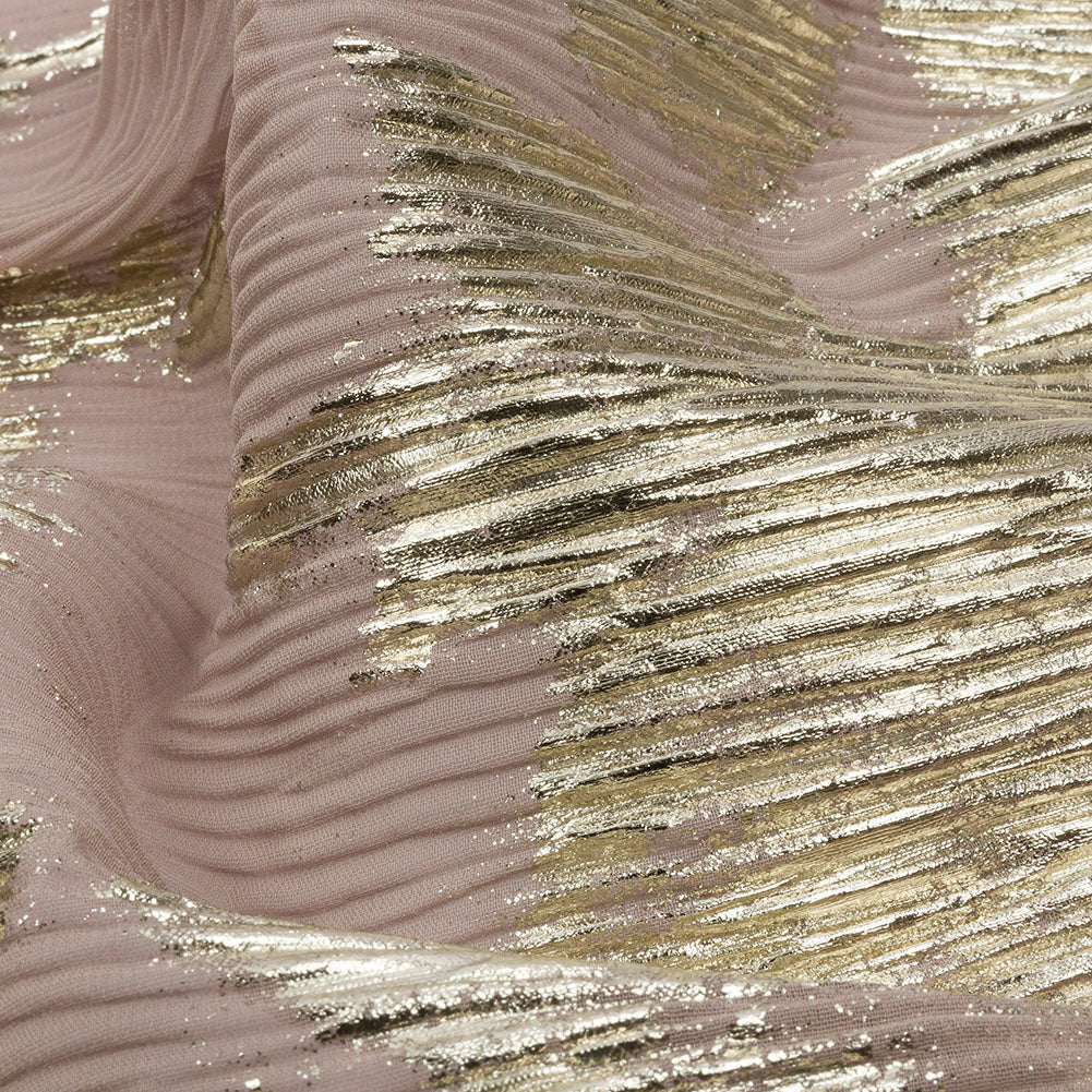 Polyester Chiffon Plisse with Abstract Gold Foiling - Tan - Aralia Collection