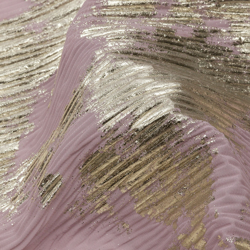 Polyester Chiffon Plisse with Abstract Gold Foiling - Mauve - Aralia Collection