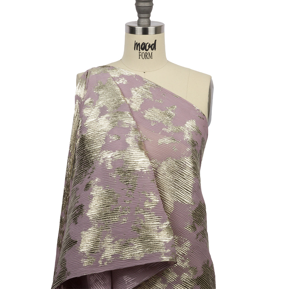 Polyester Chiffon Plisse with Abstract Gold Foiling - Mauve - Aralia Collection