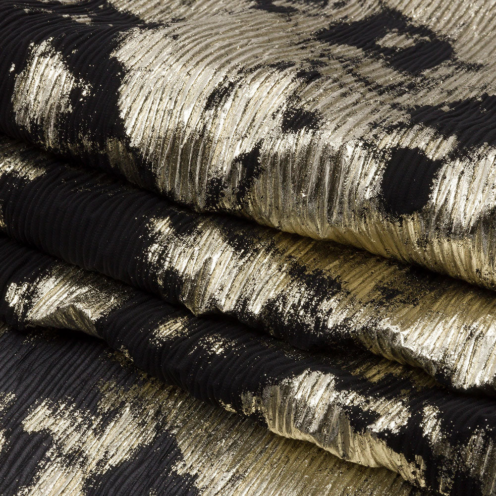 Polyester Chiffon Plisse with Abstract Gold Foiling - Black - Aralia Collection