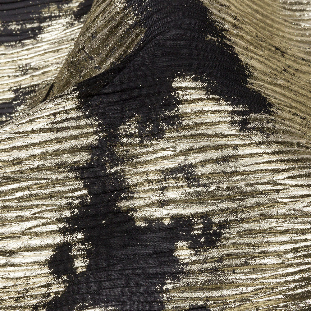 Polyester Chiffon Plisse with Abstract Gold Foiling - Black - Aralia Collection