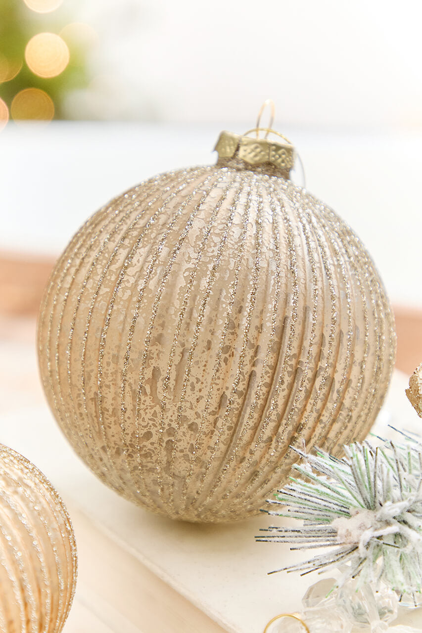 4" - 6" Champagne Glitter Ribbed Glass Ornament