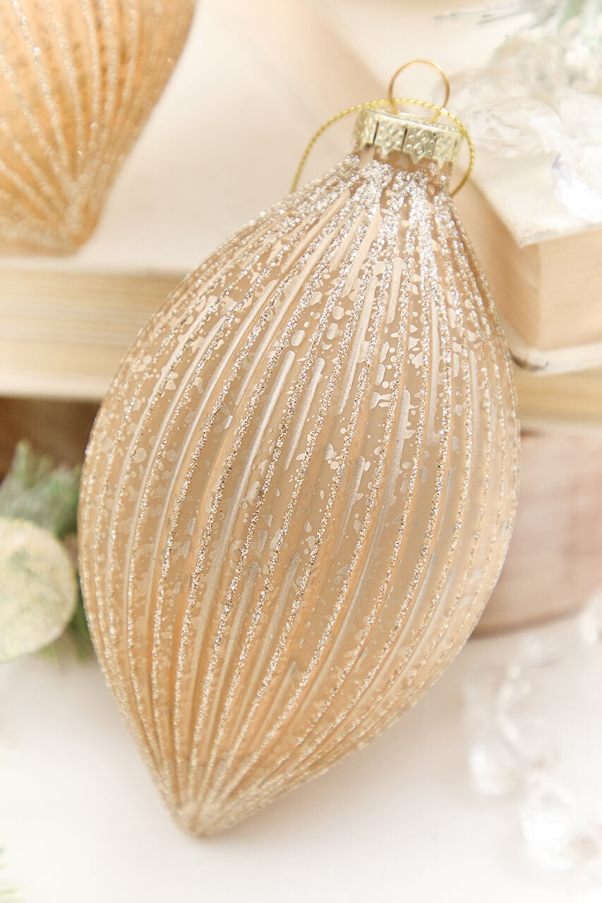 4" - 6" Champagne Glitter Ribbed Glass Ornament