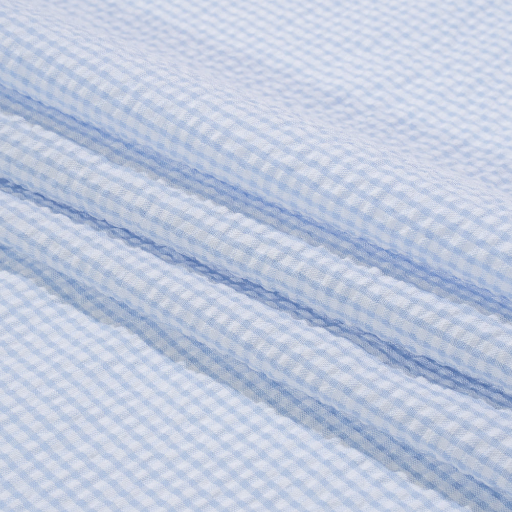 Polyester and Cotton Seersucker - Blue and White Checks - Wylie Collection