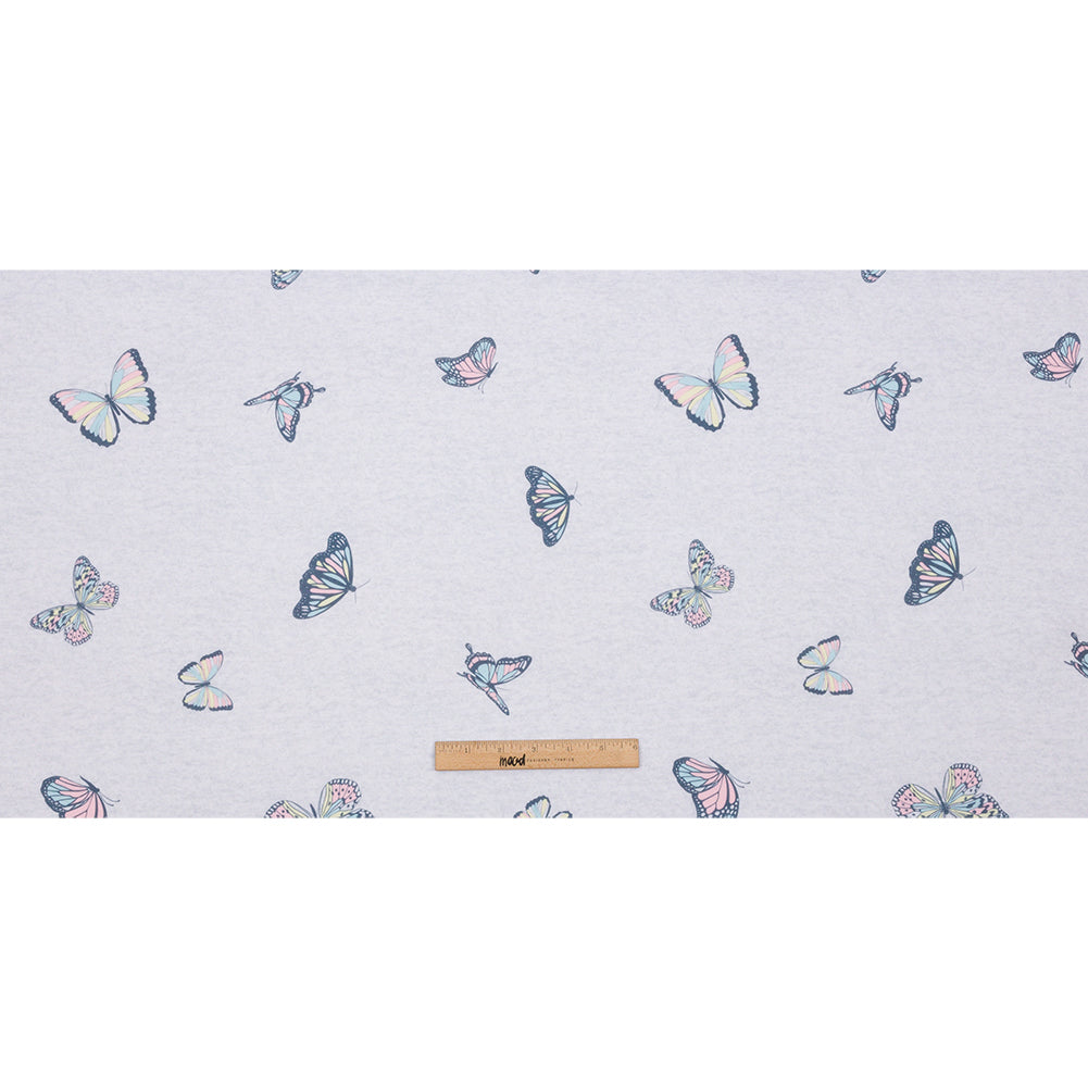 Heathered Gray, Pink and Blue Butterflies Recycled Polyester Interlock Knit