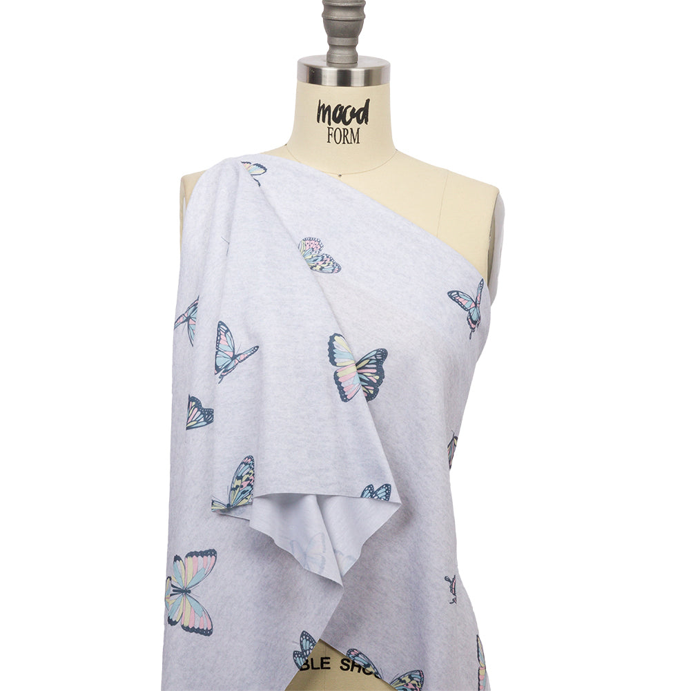 Heathered Gray, Pink and Blue Butterflies Recycled Polyester Interlock Knit