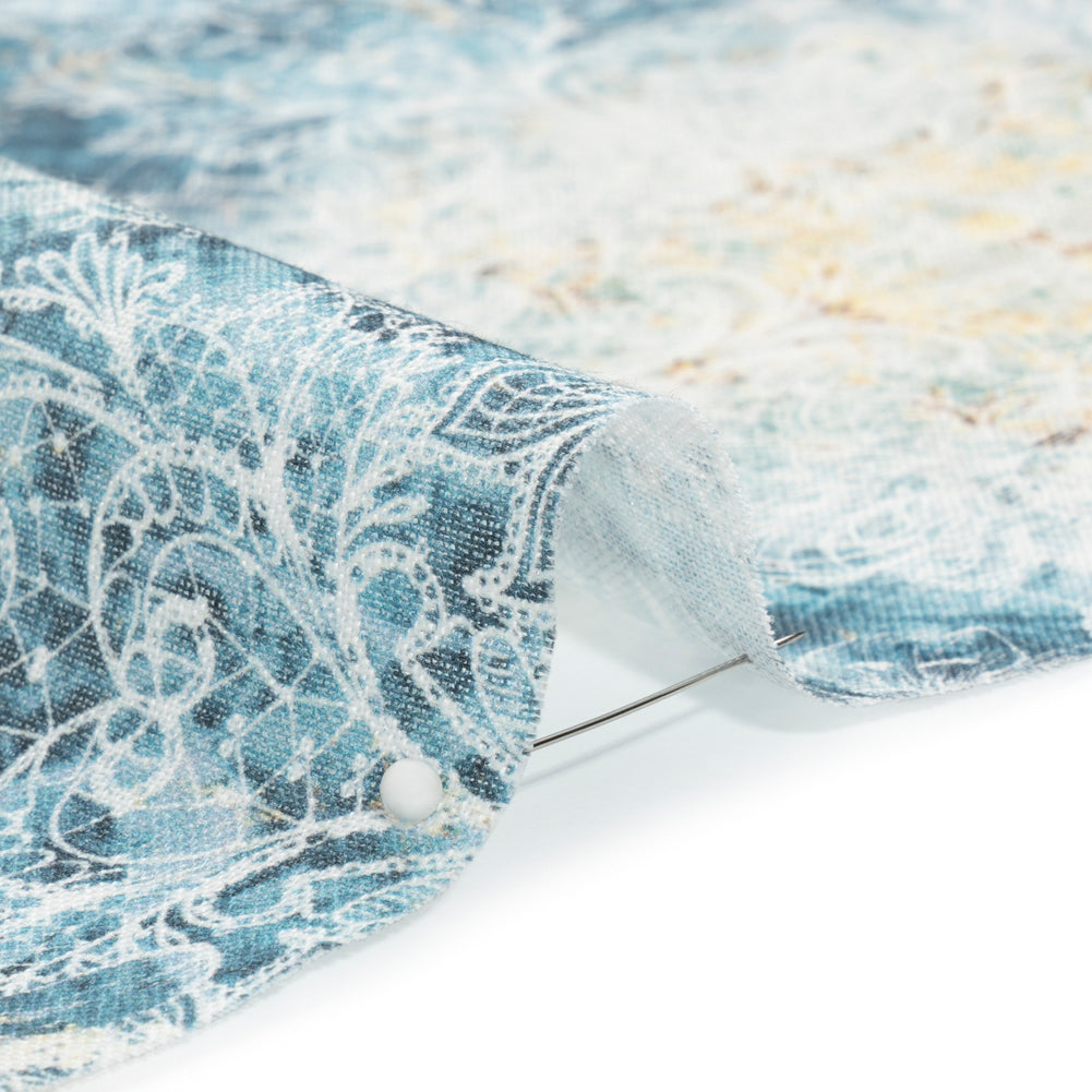 Blue and Beige Floral Lace Printed Lightweight Linen Woven