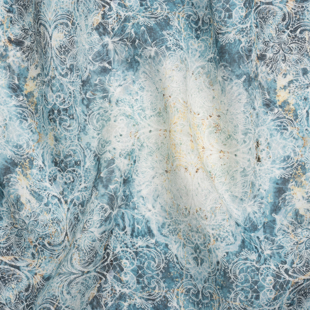 Blue and Beige Floral Lace Printed Lightweight Linen Woven