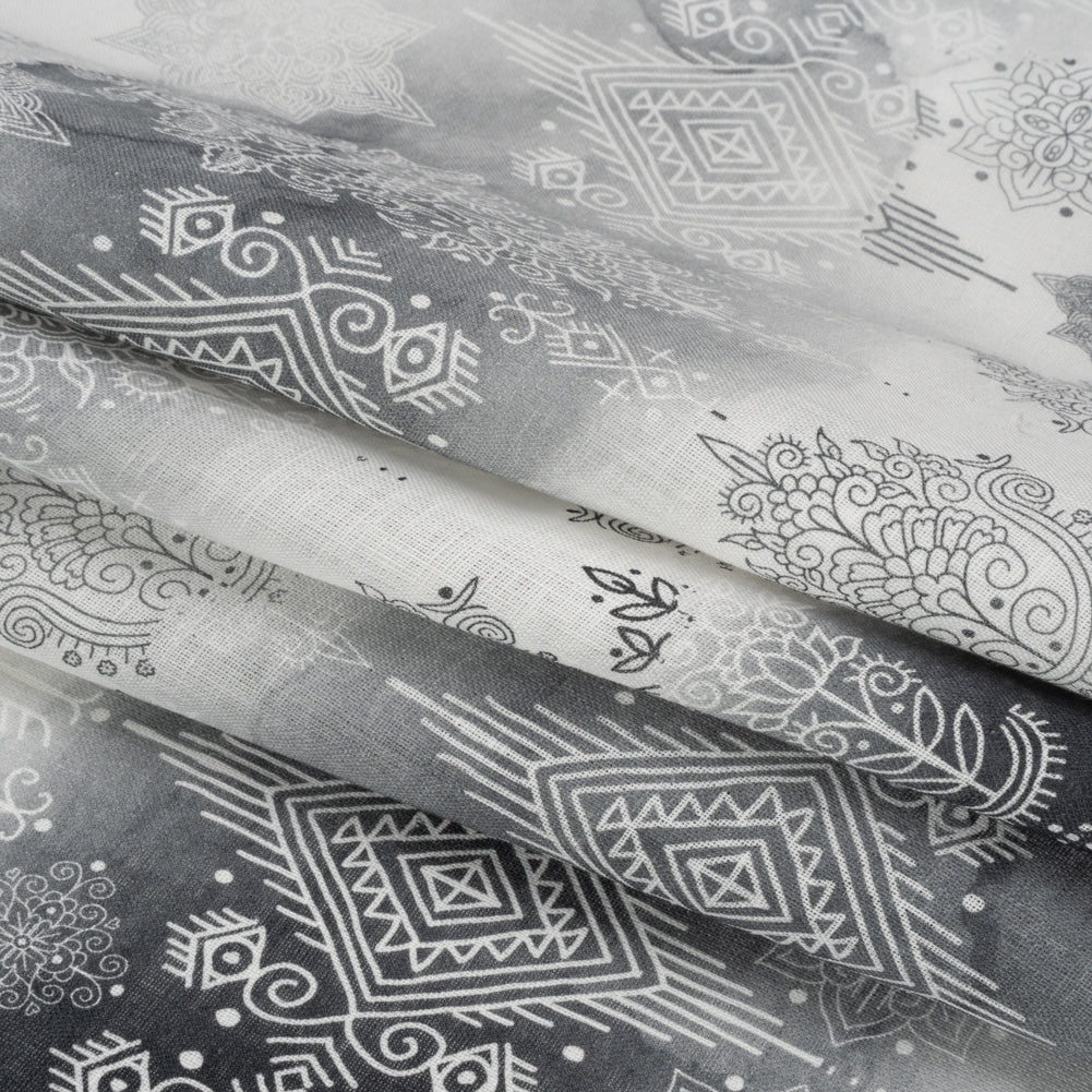 Black, Gray and White Diamonds and Flowers Lightweight Linen Woven