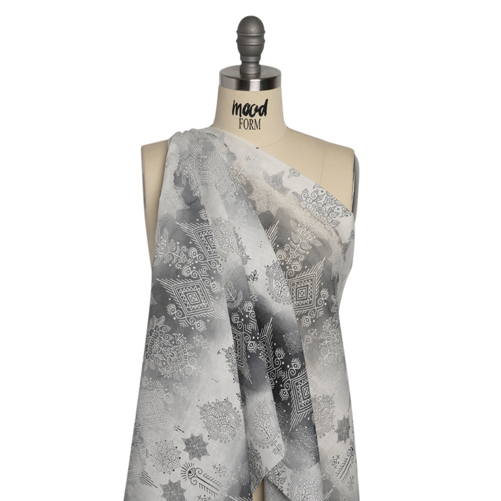 Black, Gray and White Diamonds and Flowers Lightweight Linen Woven
