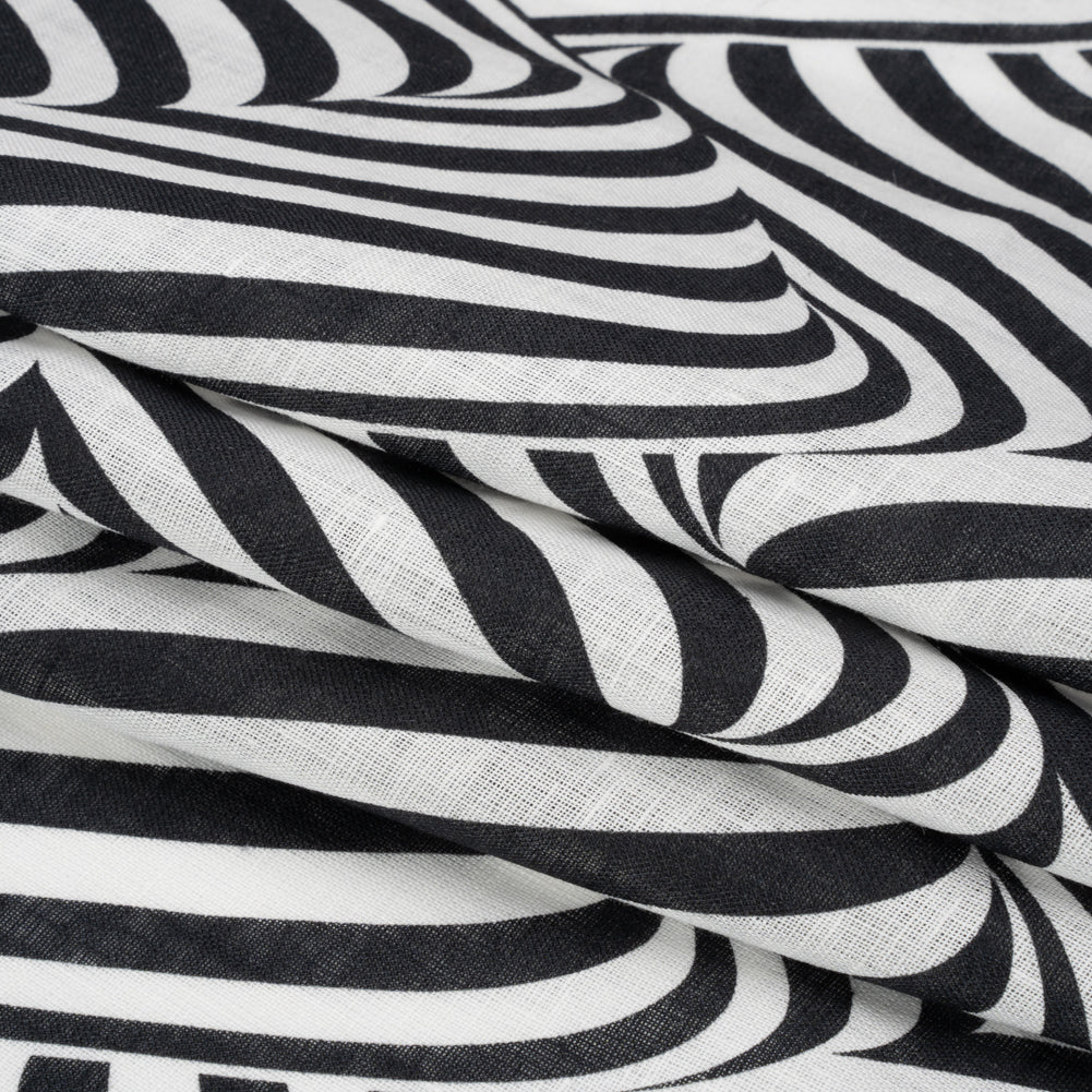 Black and White Swirling Stripes Lightweight Linen Woven