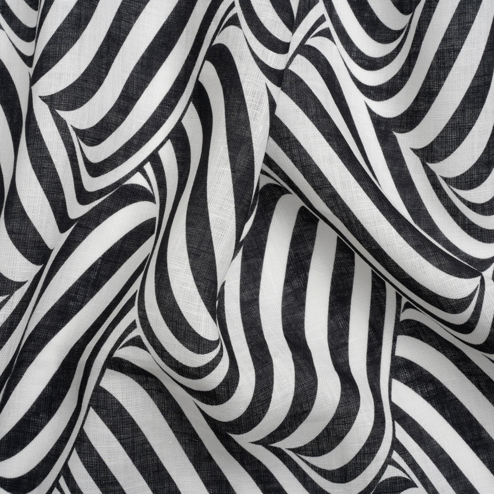 Black and White Swirling Stripes Lightweight Linen Woven