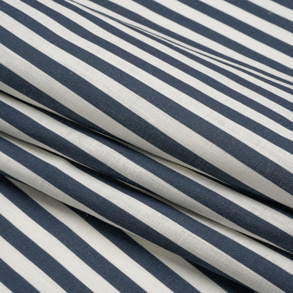 Medium Weight Linen Woven - Steel Blue Stripes - Lydia Collection