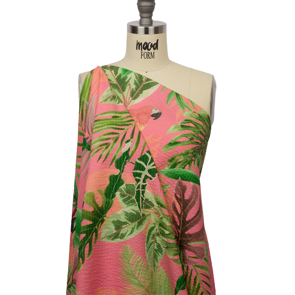 Cotton and Viscose Striped Seersucker Print - Pink Birds and Leaves - Mood Exclusive Birds of Paradise