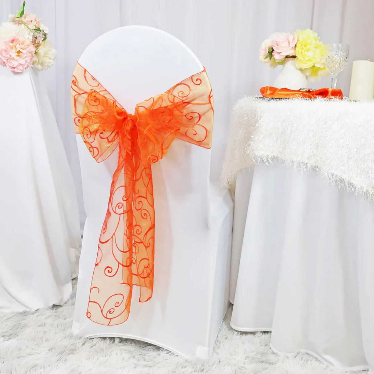10 Pieces Orange Embroidered Organza Chair Sashes Vibrant Event Decor
