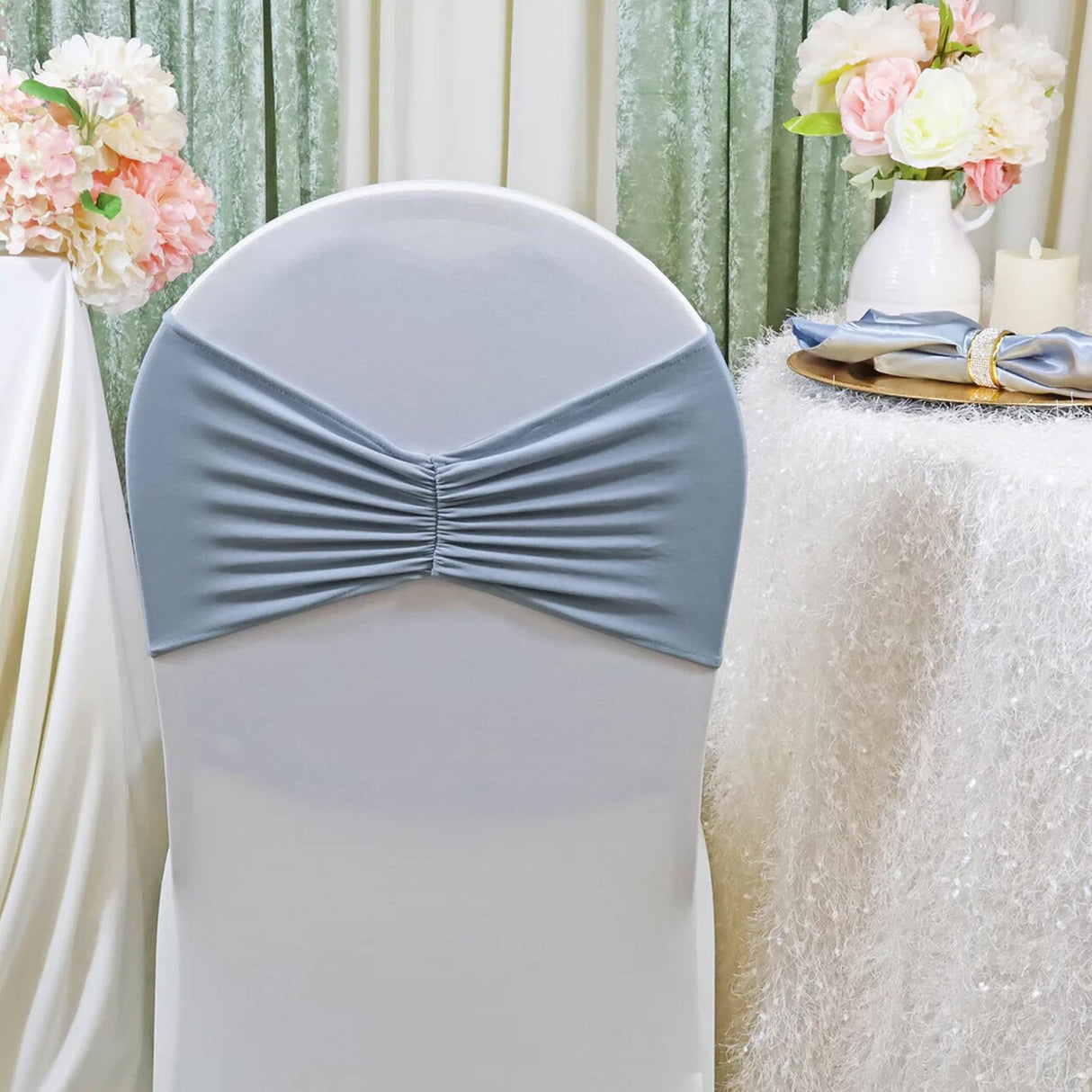 10 Pieces Dusty Blue Ruffled Spandex Chair Bands for Elegant Event Styling 8x13 inches