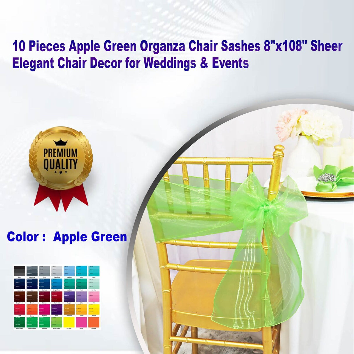 10 Pieces Apple Green Organza Chair Sashes 8"x108" Sheer Elegant Chair Decor for Weddings & Events