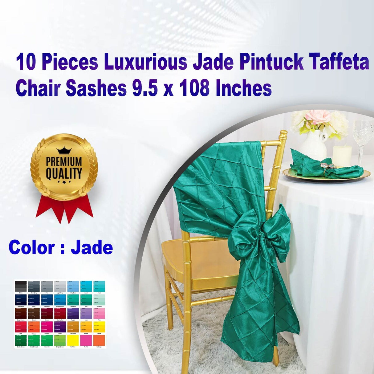 10 Pieces Luxurious Jade Pintuck Taffeta Chair Sashes 9.5 x 108 Inches