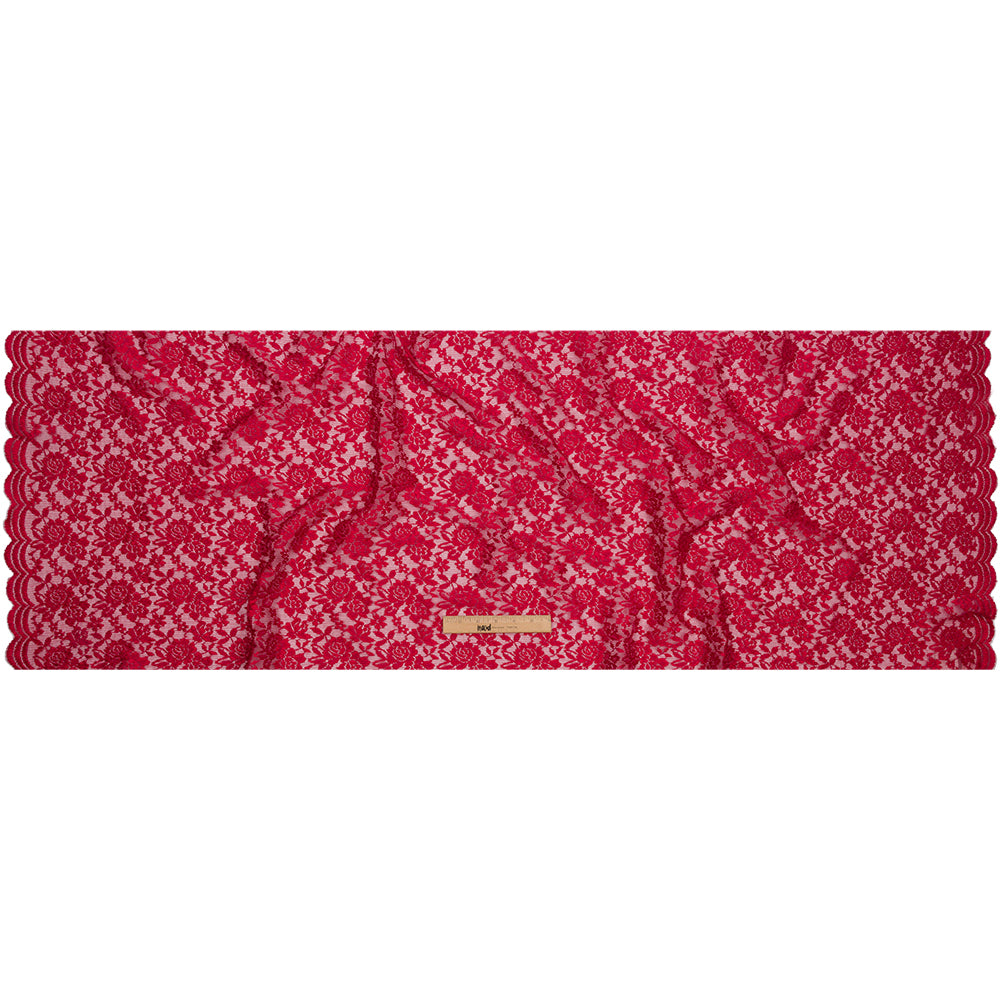 Red Floral Pleated Embroidered Lace with Scalloped Edges