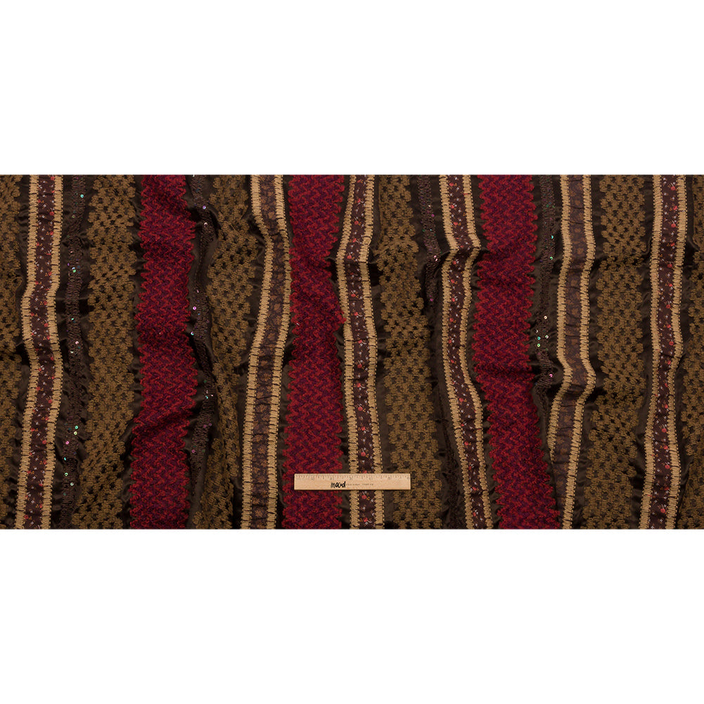 Brown, Beige and Red Wool Boucle Embroidered Polyester Satin with Sequins and Floral Applique Stripes