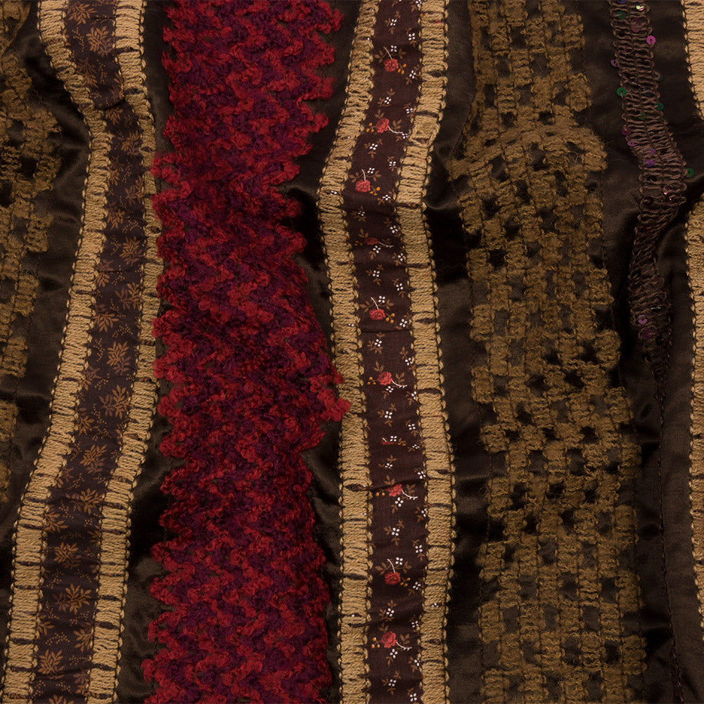 Brown, Beige and Red Wool Boucle Embroidered Polyester Satin with Sequins and Floral Applique Stripes