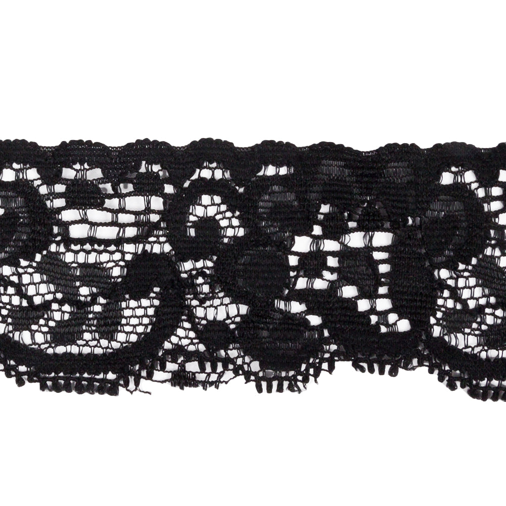 Famous NYC Designer Black Flowers and Swirls Scalloped Stretch Re-Embroidered Lace Trim - 1.375"