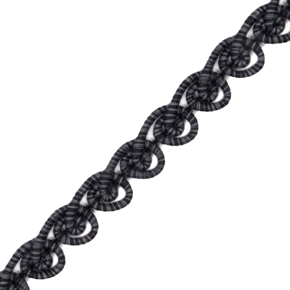 Famous NYC Designer Black and Gray Striped Swirls Gimp Braided Trim - 0.375"