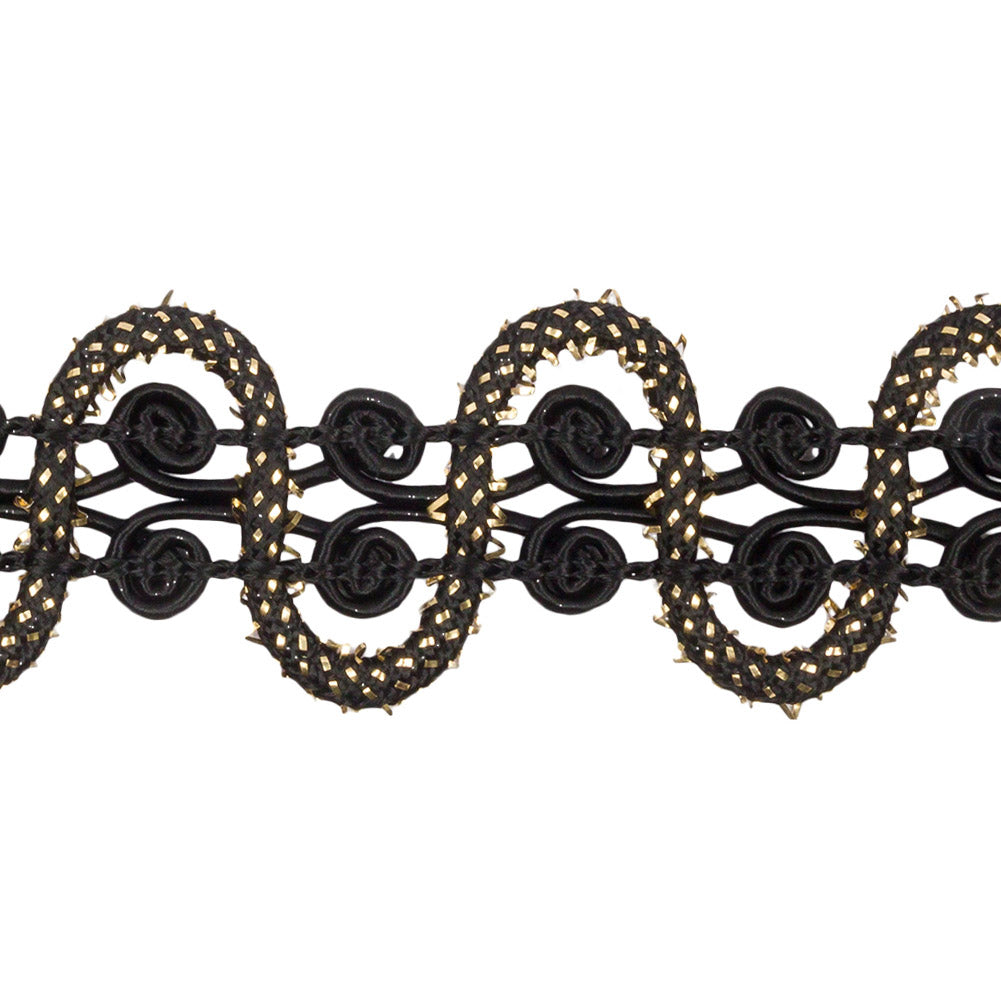 Famous NYC Designer Black and Metallic Gold Waves and Swirls Gimp Braided Trim - 1.25"