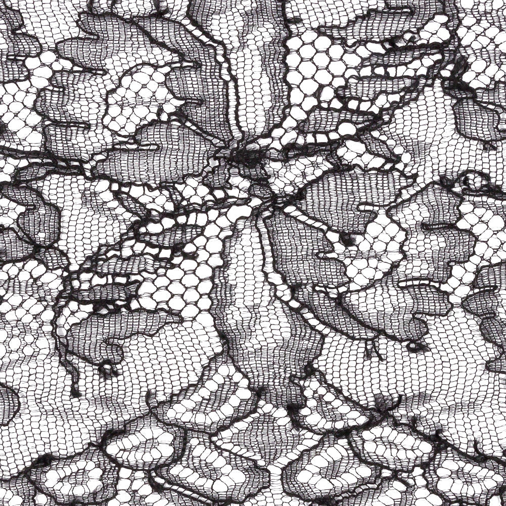 Black Flowers and Scallops Re-Embroidered Lace Trim with Eyelash Fringe - 8"