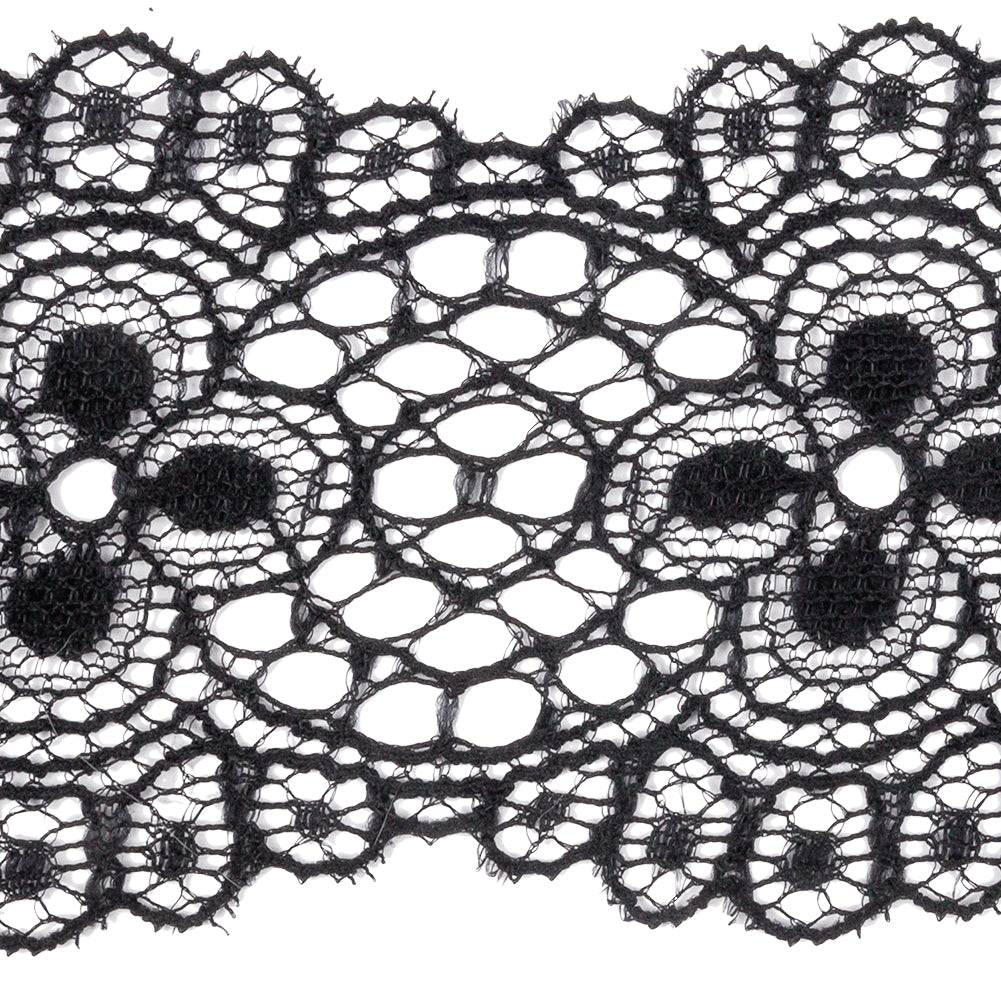 Black Flowers and Medallions Scalloped Lace Trim - 2.5"