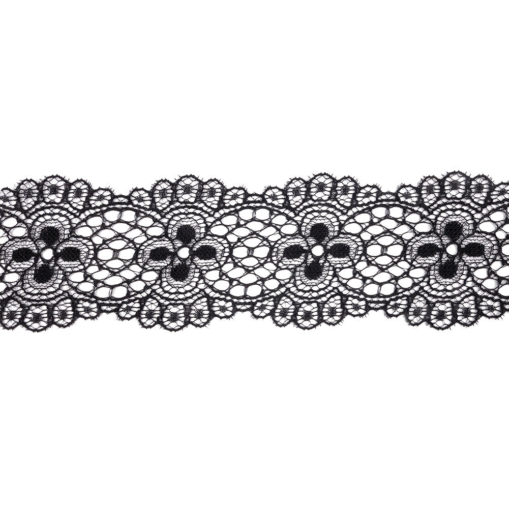 Black Flowers and Medallions Scalloped Lace Trim - 2.5"