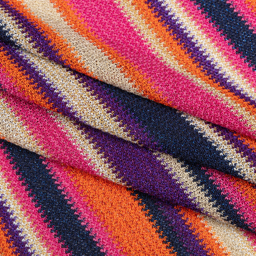 Trina Turk Pink, Orange and Navy Metallic Striped Viscose and Polyester Sweater Knit