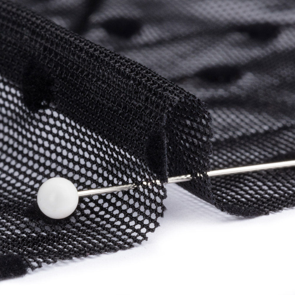 Black Flocked Polka Dots Stretch Nylon Mesh