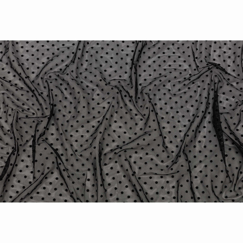 Black Flocked Polka Dots Stretch Nylon Mesh