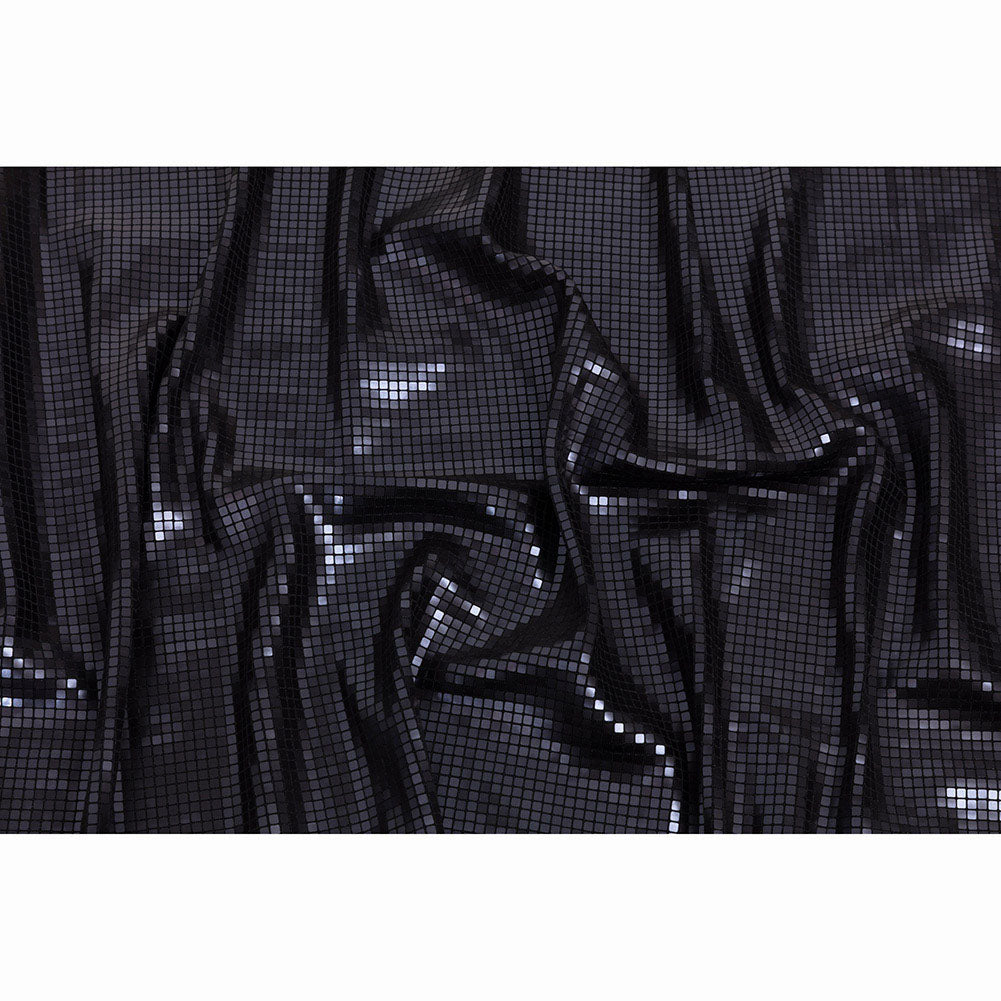 Squares Foiled Stretch Polyester Knit - Charcoal and Metallic Black - Heidi Collection