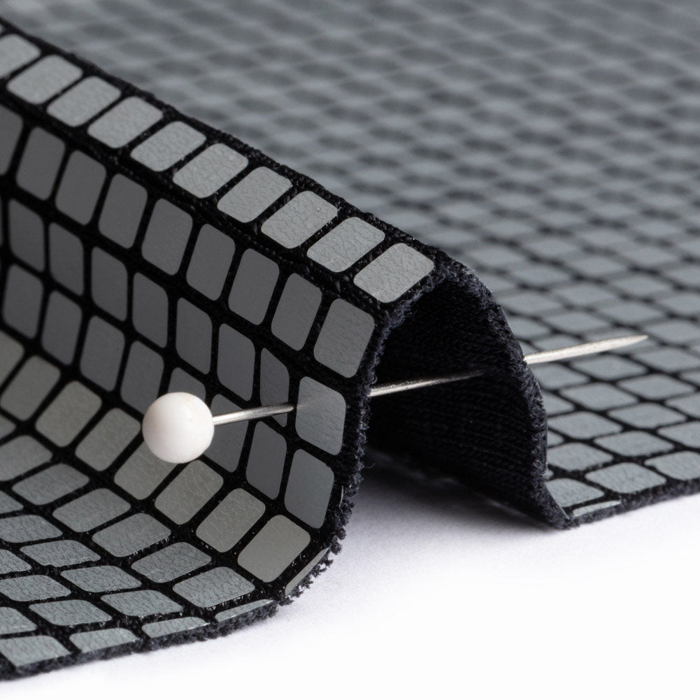 Squares Foiled Stretch Polyester Knit - Silver and Metallic Black - Heidi Collection