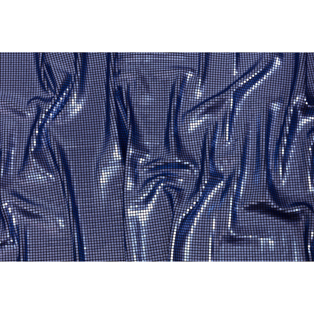 Squares Foiled Stretch Polyester Knit - Blue and Metallic Black - Heidi Collection