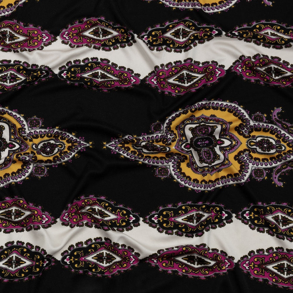 Pink, Purple and Black Paisley Stripes with Geometric Borders Printed Silk Jersey