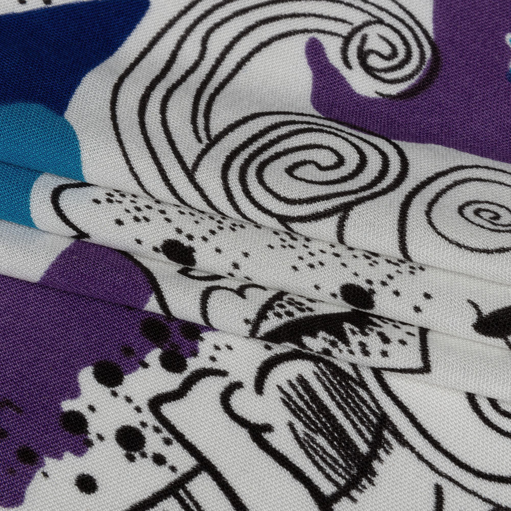 Blue, Golden Olive and Black Flowers and Animal Sketches Silk Jersey