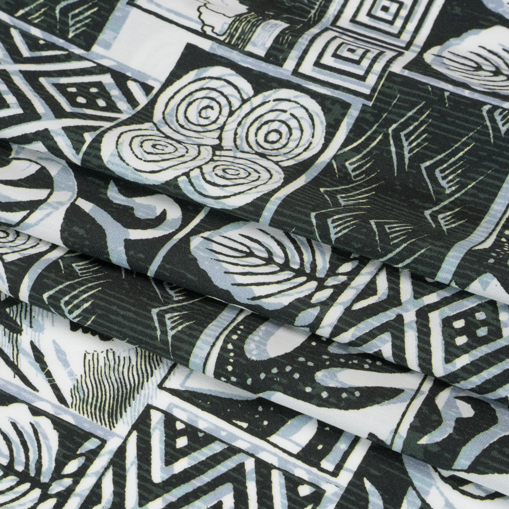 Viscose Woven Print - Black, White and Pale Blue Leaf and Geometric Patchwork - Mood Exclusive Mahiole of Maui