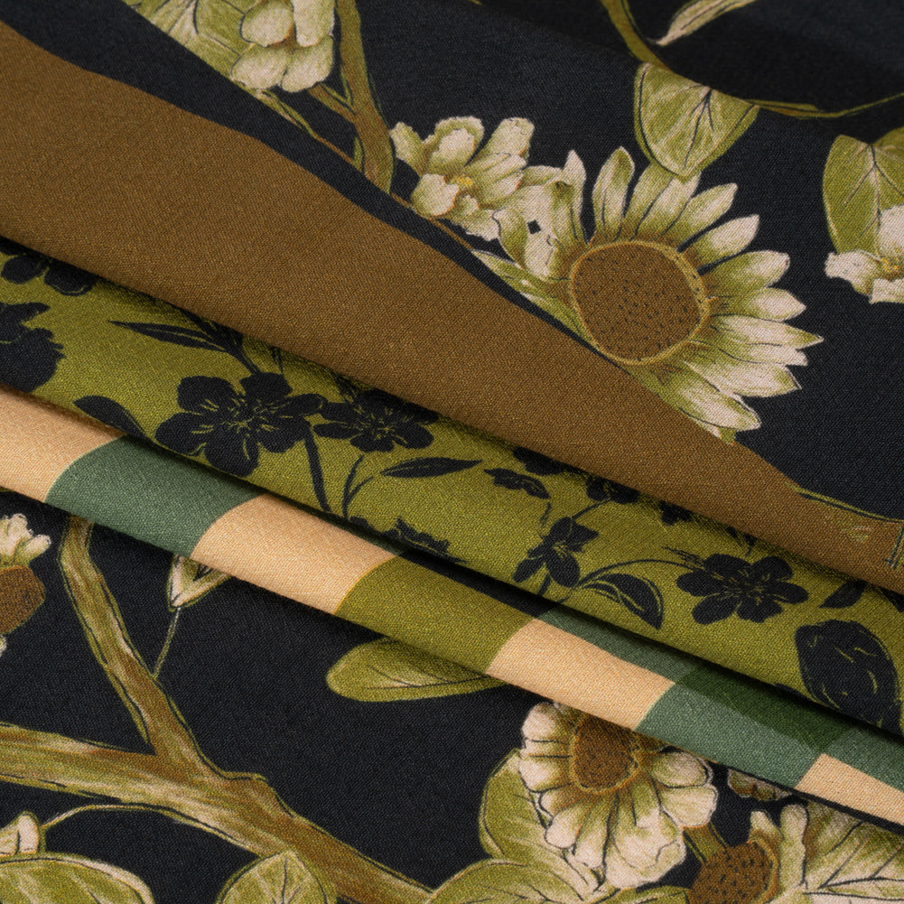 Sustainable Viscose Crepe Panel - Green and Brown Checks and Floral Patchwork - Mood Exclusive Earth's Gifts