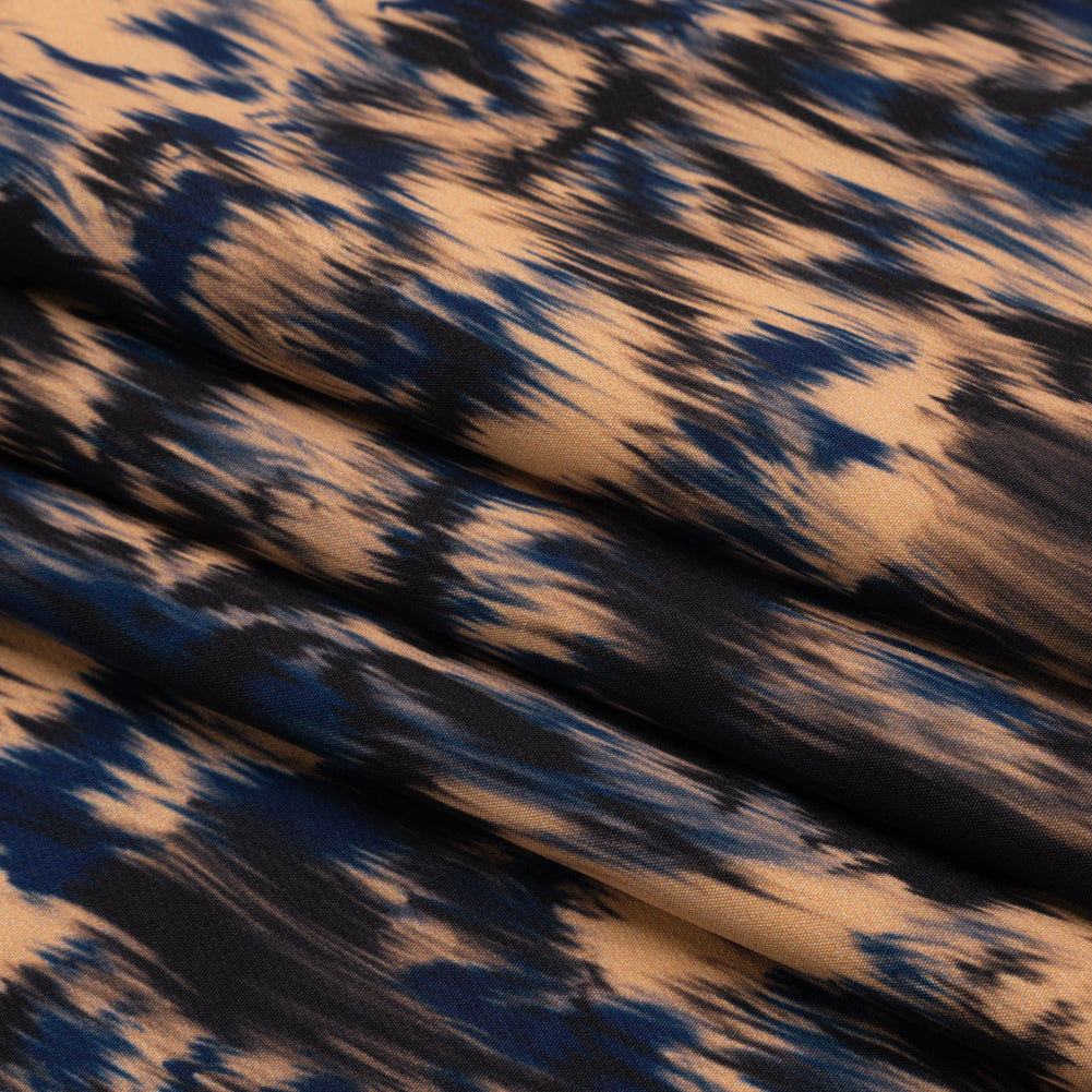 Stretch Polyester Woven Print - Blue and Beige Abstract Ikat - Mood Exclusive Shifting Sands